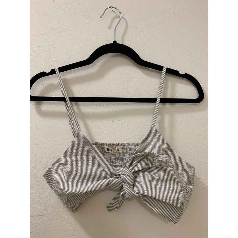 Tris Gray and White Striped Wrap Top